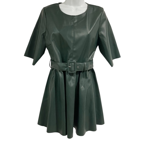 ASOS NWOT Green Faux Leather Dress Belted 10 Petite T shirt Mini Skater - Picture 2 of 9